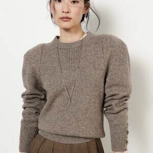 Ba&sh Keane Puff Shoulder Sweater Lace Up Cuff Wool Cotton Taupe 3 L